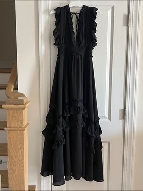 Baltic Born Jasmine Tiered Ruffle Deep V Maxi Dress Black Medium
